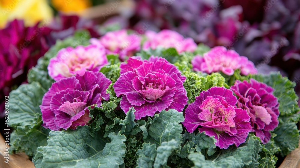 Obraz premium Bright ornamental kale and flowering cabbages in vivid pinks and purples in a city park