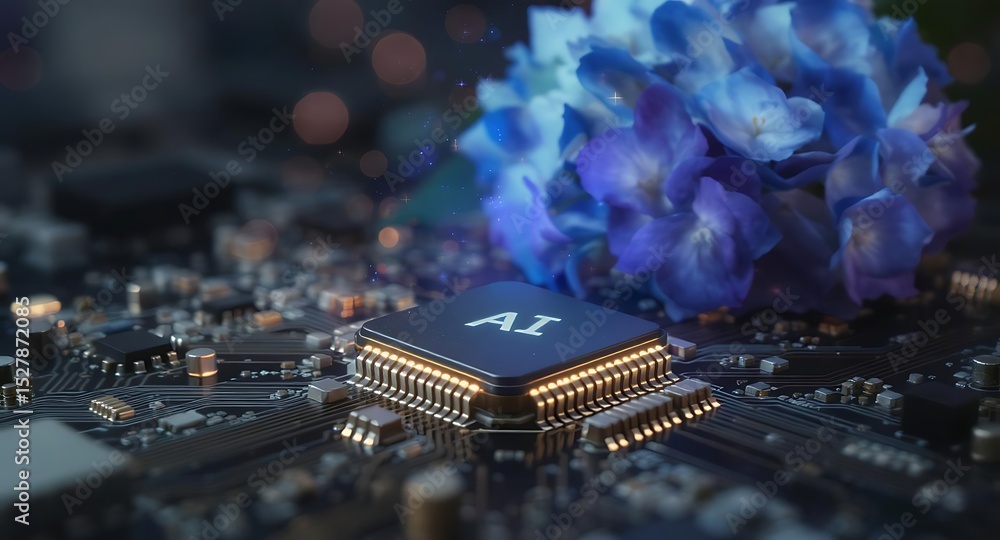 Obraz premium Ai Chip on Circuit Board with Flower