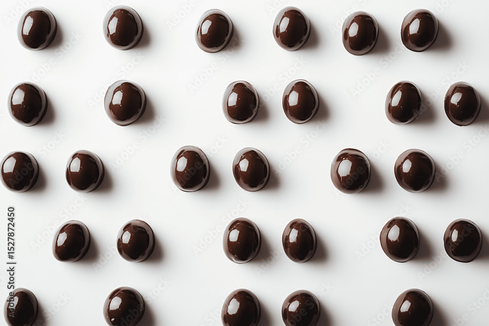 Fototapeta premium Chocolate covered peanuts scattered on white background, glossy texture and minimal snack composition in clean style