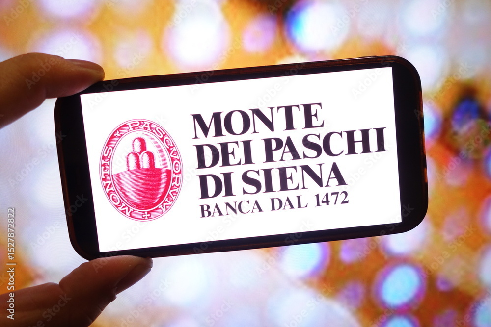 Obraz premium Konskie, Poland - February 25, 2025: Banca Monte dei Paschi di Siena company logo displayed on mobile phone