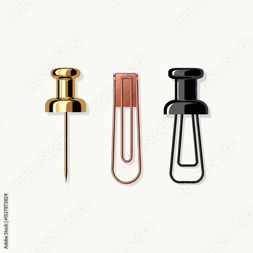 A modern office supply set with a gold push pin and rose gold & black paper clips, ideal for organizing documents and memos on a professional bulletin board.
