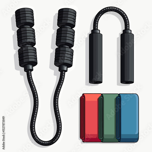 A versatile home gym set for strength training, featuring a weighted jump rope, a chest pull expander, and colorful resistance loop bands for a full-body workout.
