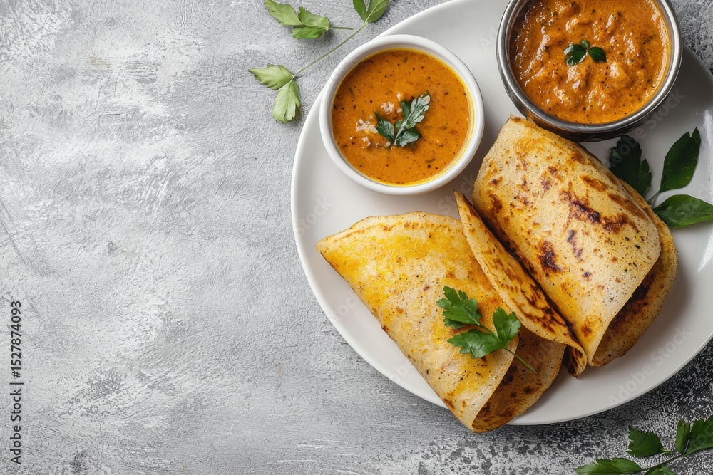 Delicious dosa with coconut chutney served on a plate indian cuisine food photography kitchen environment close-up view culinary art Delicious dosa with coconut chutney served on a plate indian cuisine food photography kitchen environment close-up view culinary art