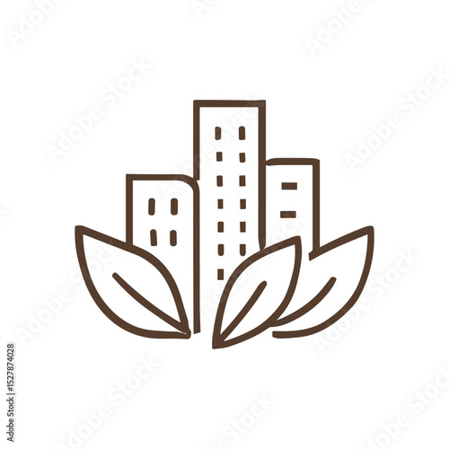 EcoCityscape Buildings embraced by natures leaves. Icon symbol illustration