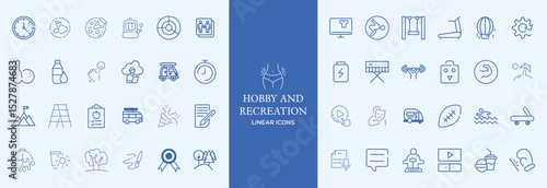 Hobby and recreation linear icons collection. Hobbies for children and adults at home and outdoors. Sports, diving, dancing, reading, drawing, music and singing. Editable stroke outline icon