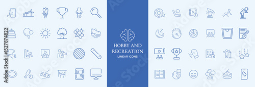 Hobby and recreation linear icons collection. Hobbies for children and adults at home and outdoors. Sports, diving, dancing, reading, drawing, music and singing. Editable stroke outline icon