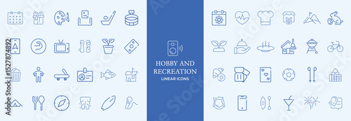 Hobby and recreation linear icons collection. Hobbies for children and adults at home and outdoors. Sports, diving, dancing, reading, drawing, music and singing. Editable stroke outline icon