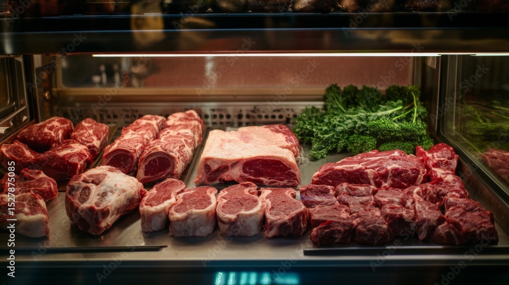 A butchers display case filled with fresh raw meat cuts under bright lighting A butchers display case filled with fresh raw meat cuts under bright lighting
