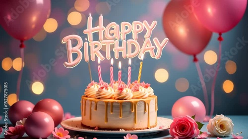 Decorated birthday cake with pink frosting, candles and happy birthday topper surrounded by balloons and flowers, soft bokeh effect, festive atmosphere, party concept, celebration, event decor. 