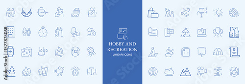 Hobby and recreation linear icons collection. Hobbies for children and adults at home and outdoors. Sports, diving, dancing, reading, drawing, music and singing. Editable stroke outline icon