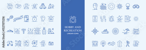 Hobby and recreation linear icons collection. Hobbies for children and adults at home and outdoors. Sports, diving, dancing, reading, drawing, music and singing. Editable stroke outline icon