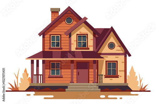 Charming Rustic Two-Story House Illustration Wooden Exterior, Cozy Home Design