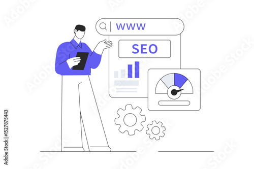 Search Engine Optimization. Character using artificial intelligence generative tools for searching or browsing internet. Flat Cartoon Vector Illustration, icon. Stylish abstract design landing page