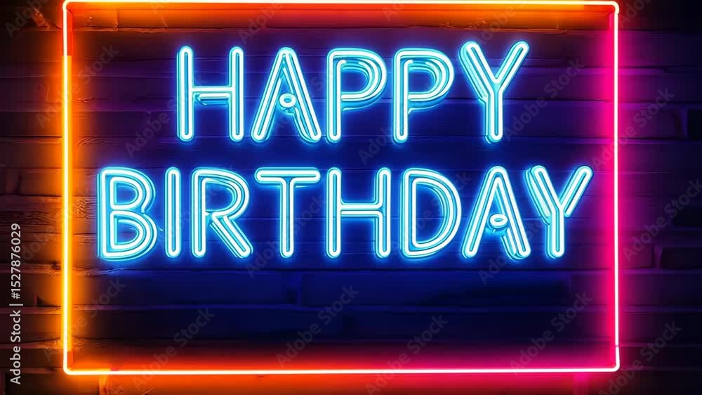 Vibrant neon sign displaying happy birthday in bright blue and pink colors against dark brick background, glowing celebration concept of party decor. Vibrant neon sign displaying happy birthday in bright blue and pink colors against dark brick background, glowing celebration concept of party decor.