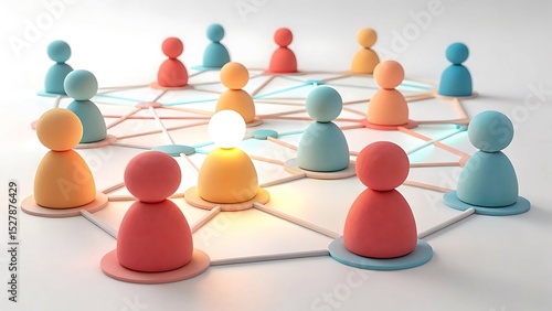Network of colorful people figures with central illuminated leader isolated on white background