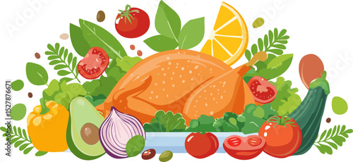 A beautifully arranged roasted chicken dish surrounded by an array of fresh ingredients, inviting culinary delight 