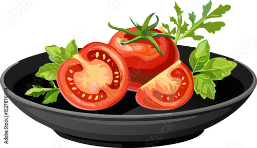A visually appealing close-up of ripe tomatoes and herbs arranged on a dark plate, a delightful food still life. The composition highlights the freshness of the ingredients