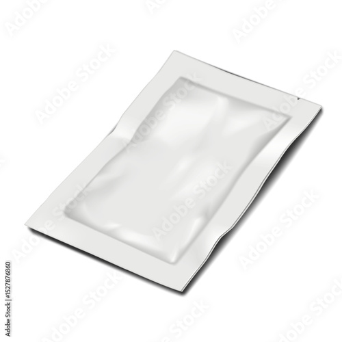 White blank tear notch 4 side seal sachet pouch. Realistic 3d vector mockup. Rectangle plastic bag. Mock-up. Food, medical, cosmetic beauty product individual packet package. Template for design