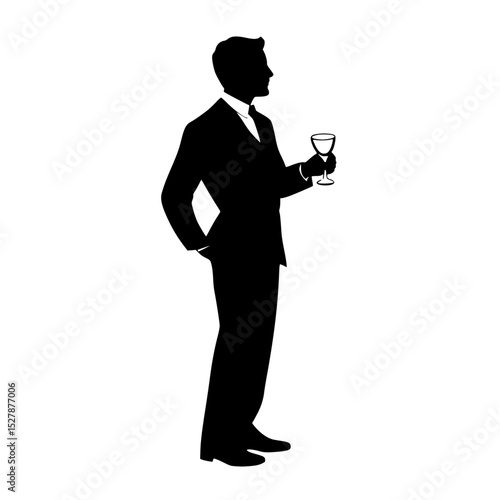 a black silhouette of a man wearing a suit holding a glass of wine black, drink, glass, hand, hold, man, silhouette, stand, suit, wear, wine , Generative art.