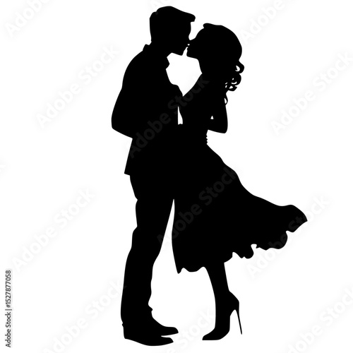 a black and white silhouette of a man and woman dancing black, couple, dance, kiss, man, people, silhouette, woman , Generative art.