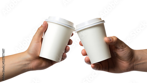 Two hands holding white coffee cups isolated on white background