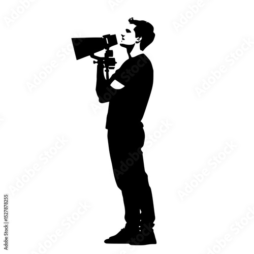 a silhouette of a man with a megaphone on a white background black, man, megaphone, silhouette , Generative art.