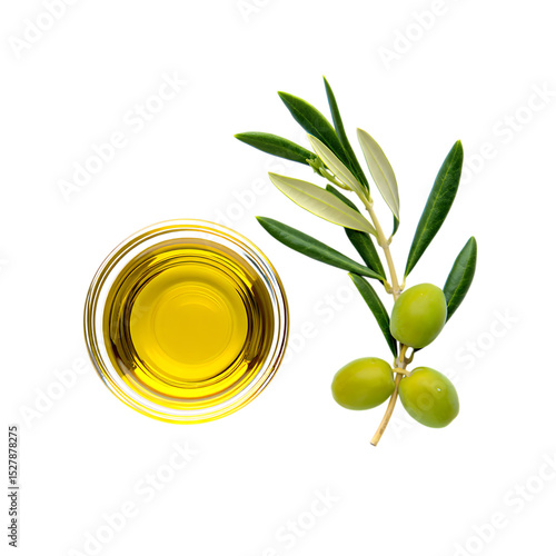 Olive branch with fresh green olives and bowl of olive oil isolated on white background