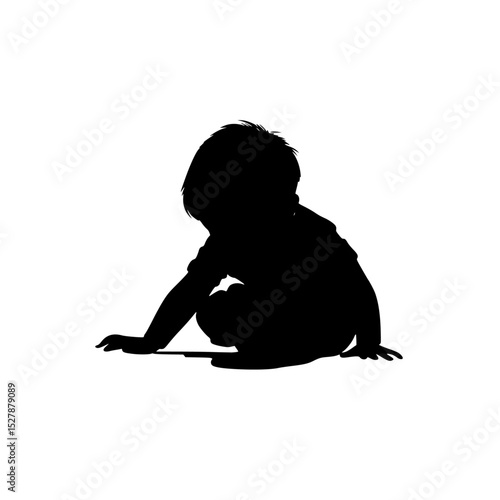 black silhouette of a little boy playing with a baby on the floor baby, black, boy, child, floor, little, play with, silhouette, sit, toddler , Generative art.