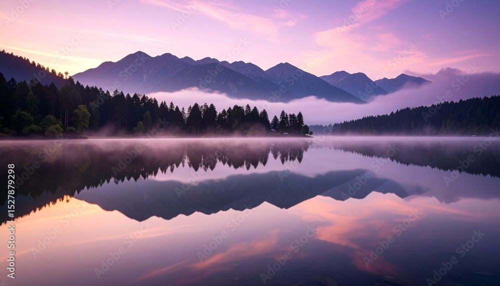 Fototapeta premium Silent lake mirroring pale lilac skies, distant mountains dissolve into dusk fog, the air thick with mystery and stillness