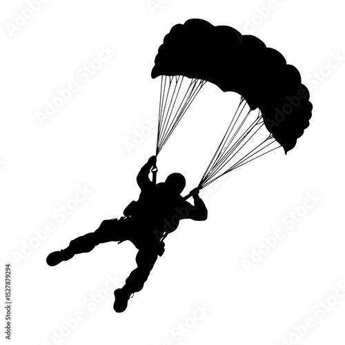 a black silhouette of a person parasailing on a white background black, man, parachute, person, silhouette , Generative art.