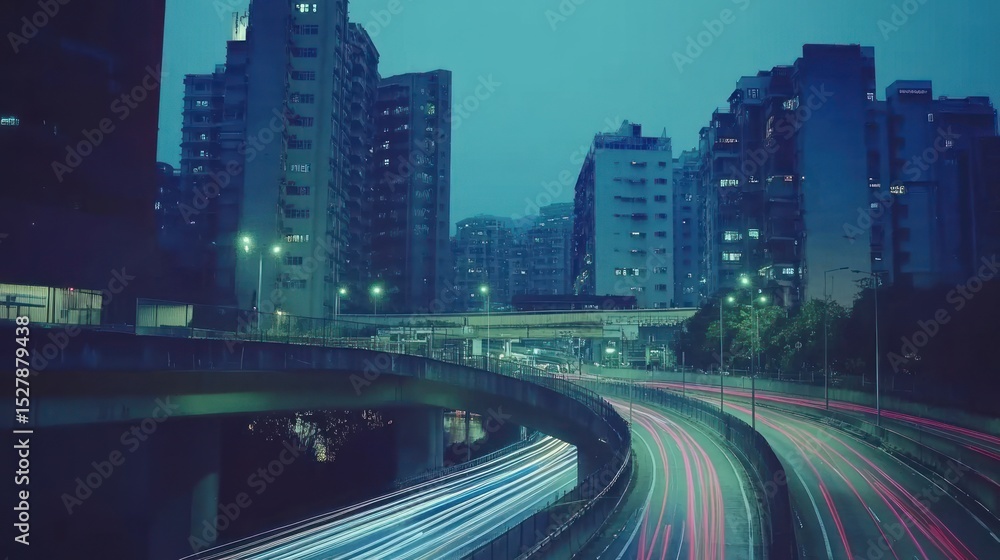 Obraz premium Night city highway. Urban cityscape at twilight. Light trails from vehicles on a curving road. Buildings rise into the muted blue twilight