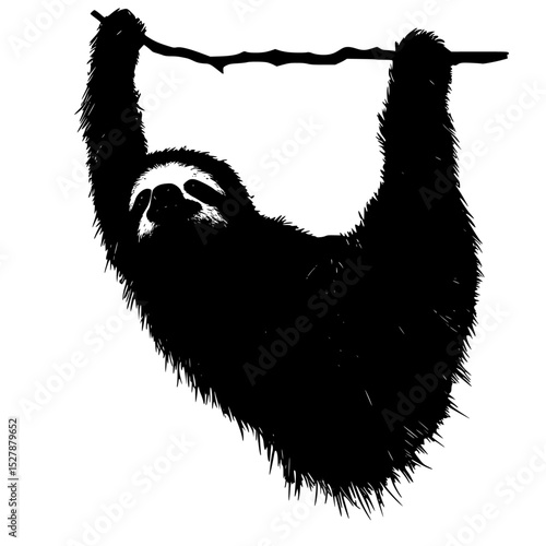 a black and white drawing of a sloth hanging from a tree branch animal, black, branch, drawing, hang, hang on, sloth, tree, tree branch , Generative art.