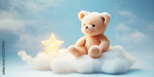 Teddy bear sitting on a white cloud, blue background with a Glowing Star