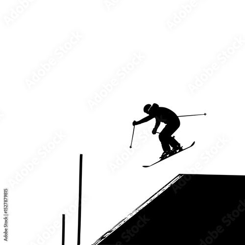 a black and white silhouette of a person riding skis down a hill or slope black, hill, jump, man, person, ramp, ride, silhouette, ski, skier, slope , Generative art.
