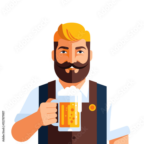 Bearded man holding a beer mug celebrating in traditional Octoberfest style  