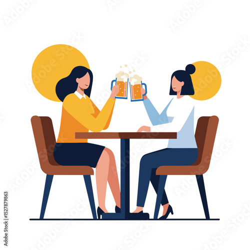 Two women toasting with beer mugs at a table in a casual setting  