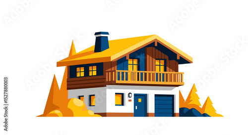 Cozy chalet with balcony and yellow trees in autumn landscape  