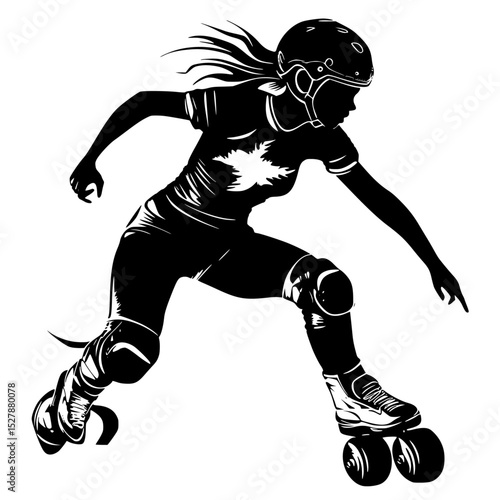 a black and white silhouette of a woman on a skateboard black, girl, ride, silhouette, skateboard, woman , Generative art.