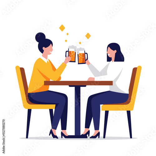 Two women clinking beer mugs while sitting at a table, Octoberfest  