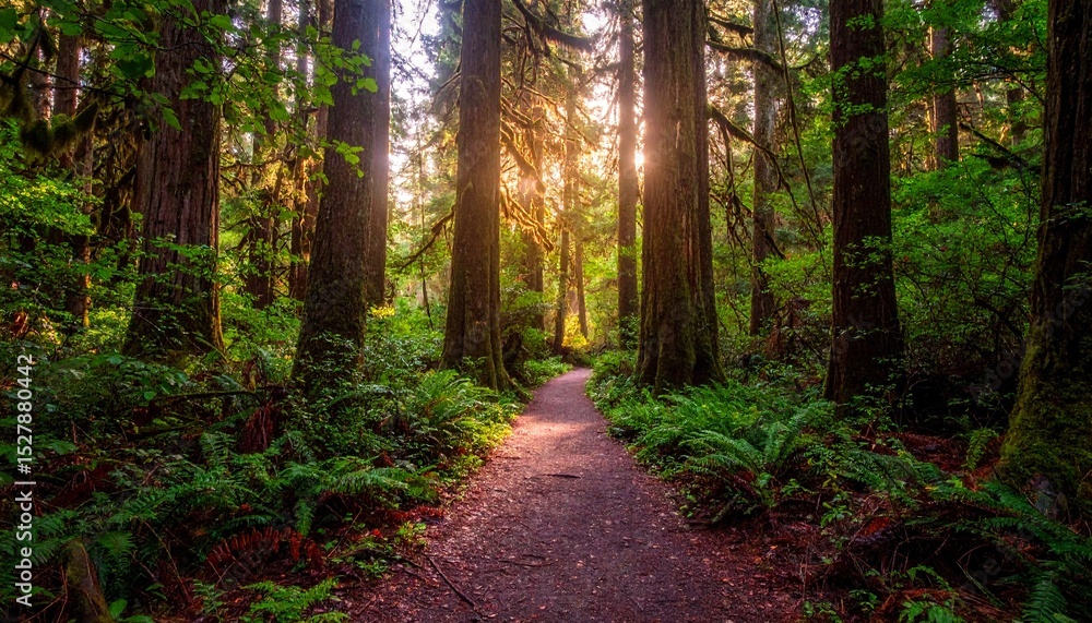 Obraz premium Twilight-drenched forest trail, layered with wet leaves and saturated amethyst tones, low mist curls between shadowed trunks