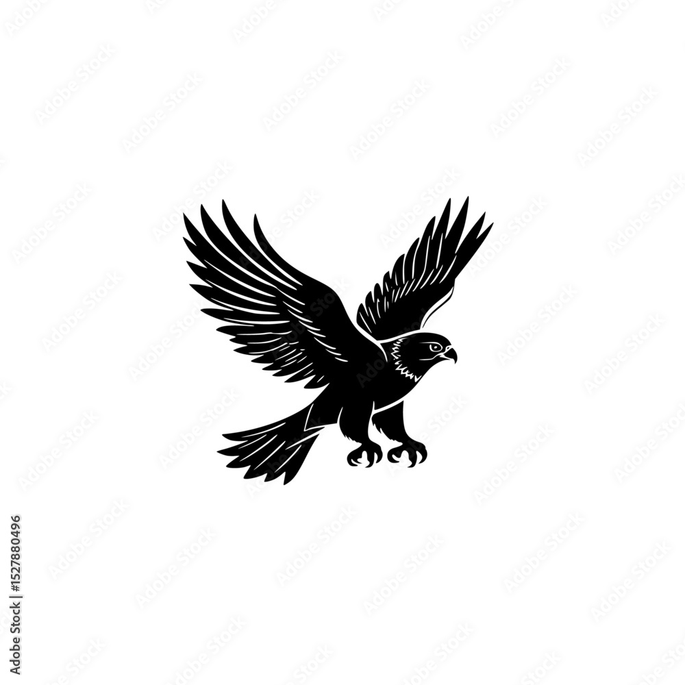 Fototapeta premium black silhouette of an eagle with spread wings on a white background bird, black, design, eagle, logo, silhouette, wing , Generative art.