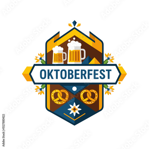 Oktoberfest logo with beer mugs and pretzels on decorative shield  