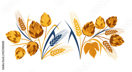 Stylized floral design featuring hops and wheat on white background  