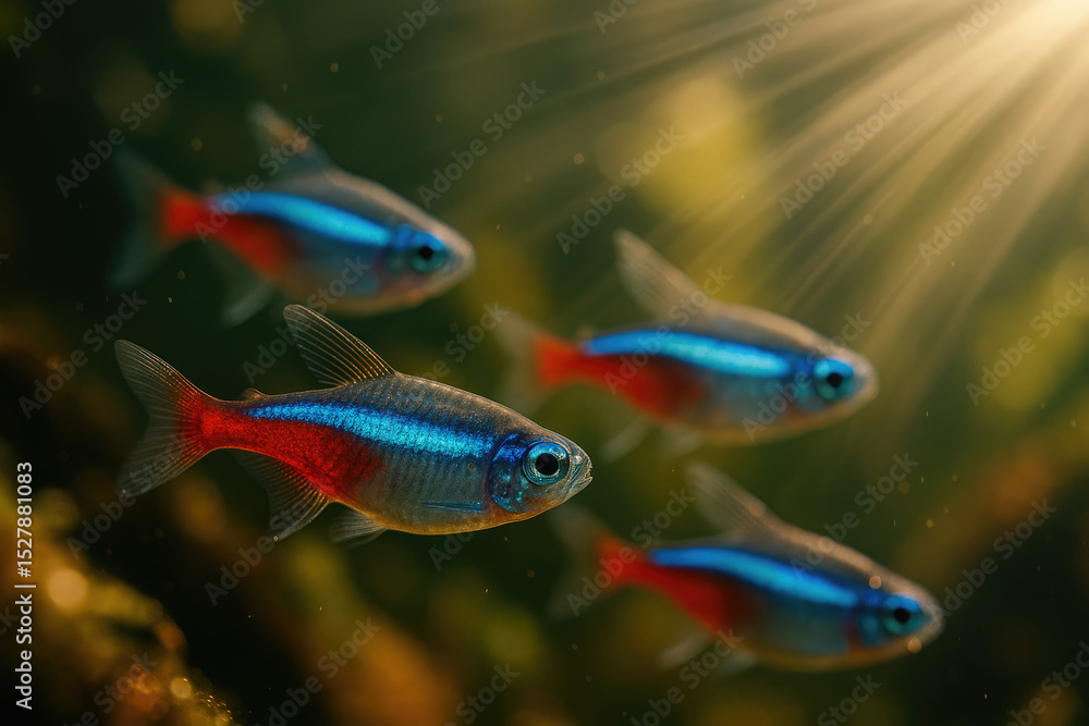 Fototapeta premium Captivating Neon Tetra Closeup Reveals Shimmering Scales and Iridescent Colors in a Peaceful Freshwater Aquarium Setting.