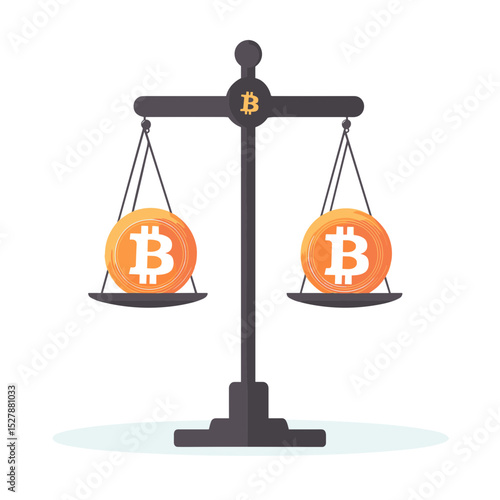 Illustrated Bitcoin Coins in Equilibrium on Gray Scales Depicting Financial Balance of Cryptocurrency on White Background