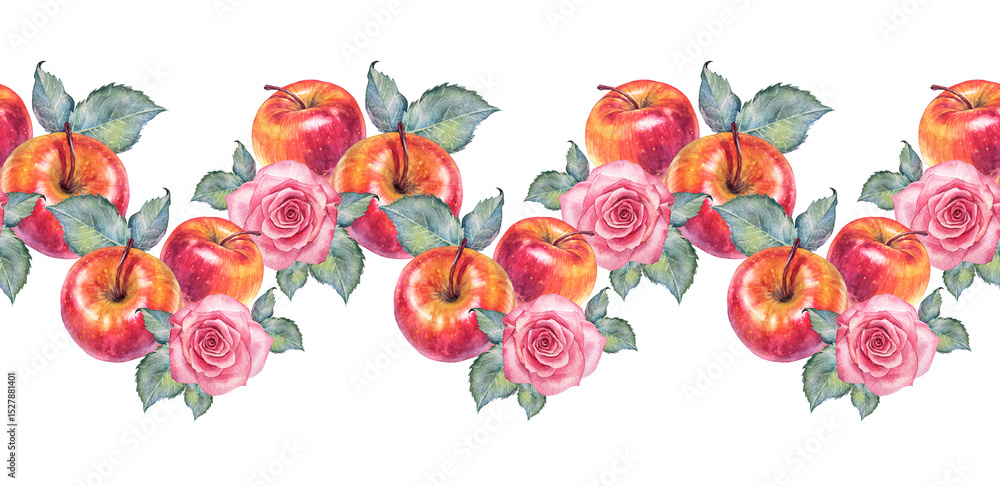 custom made wallpaper toronto digitalWatercolor seamless border with red apple and rose with leaves on white background. Summer and autumn sweet food. Fruit for dessert. Rim for cookbook and card menu or recipe. Wallpaper or wrapping
