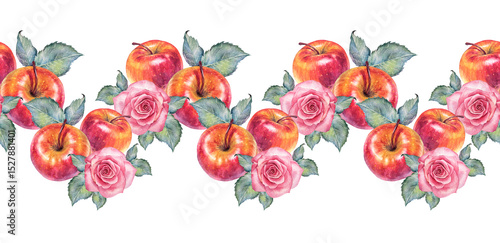 Wallpaper Mural Watercolor seamless border with red apple and rose with leaves on white background. Summer and autumn sweet food. Fruit for dessert. Rim for cookbook and card menu or recipe. Wallpaper or wrapping Torontodigital.ca
