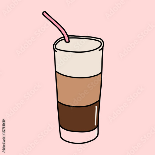 Cold Coffee with Milk with Straw on a Glass Vector Illustration
