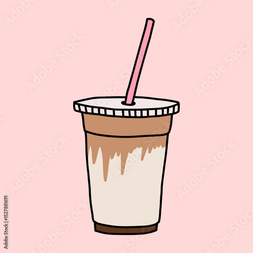 Cold Coffee with Syrup on a Takeaway Glass with Straw Vector Illustration