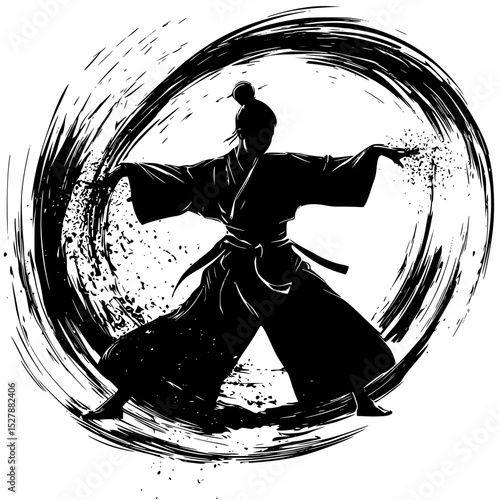 a man doing martial arts in a circle art, black, circle, illustration, man, martial , Generative art.